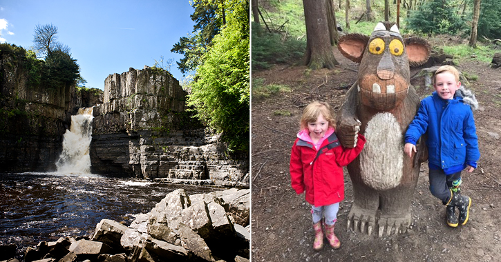 High Force Waterfall and children stood with Gruffalo sculpture Hamsterly Forest